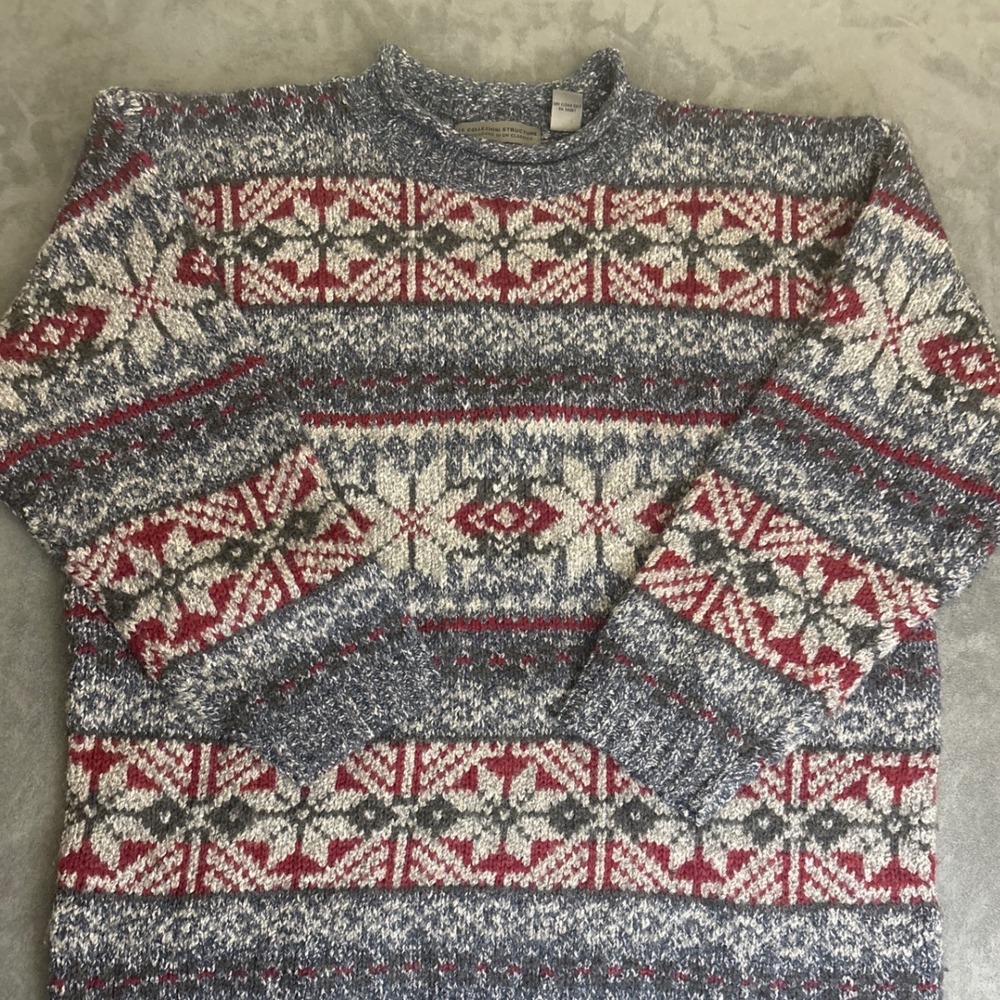Vintage Structure Mens Wool Blend Fair Isle Snowflake Sweater Blue Red Large